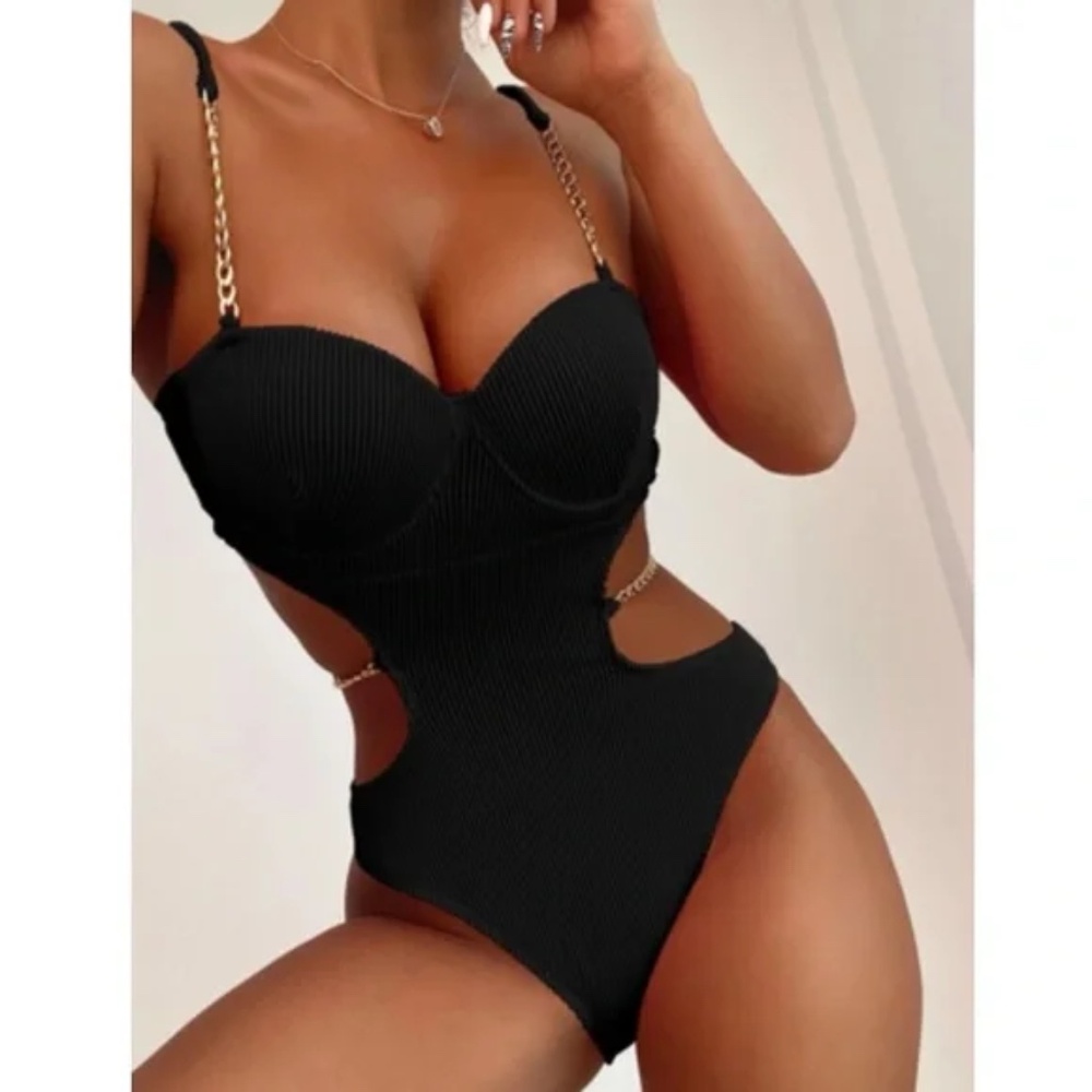 Ribbed Cut out Tie Back Monokini One Piece Swimsuit